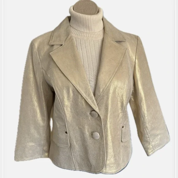 Newport News Leather Genuine Leather Vintage Gold Shimmer Jacket Size 14 - Picture 1 of 6